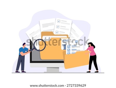 Office workers organizing data storage and file archive on server or computer. PC users searching documents on database. Vector illustration for information technology, source concept