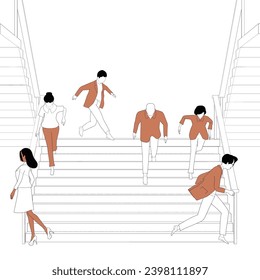 Office workers in a panic, running down the stairs