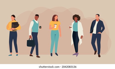 Office workers people of different nationalities standing. Business people holding coffee. Vector illustration.	