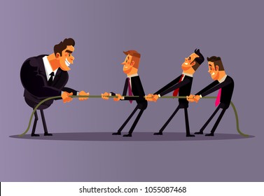 Office workers people men character compete and pulling rope together. Teamwork competition business battle opposition. Unequal struggle fight concept. Vector flat cartoon illustration