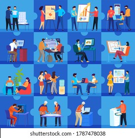 Office workers people work flat concept vector illustration. Cartoon business office company workplaces and teamwork collection with businessman characters meeting working planning training together