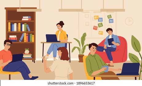 Office workers. People working, company team or co working space. Man woman with laptop or computers sitting at table. Business managers vector illustration