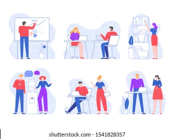 Office workers. People workspaces with laptop on table, employees work together and water cooler talk flat vector illustration set. Colleagues communication at workplace, working process pack