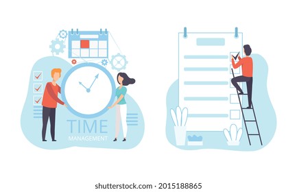 Planificación de trabajadores de Office y trabajo junto a la iluminación de un vector de conjunto plano de reloj de pared