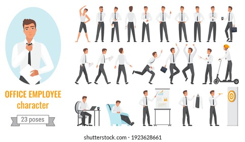 Office workers poses infographic vector illustration set. Cartoon young employee businessman character working, happy winner manager jumping, showing different work positions isolated on white