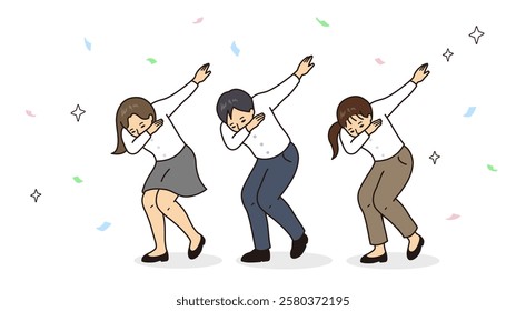 The office workers are posing as dab dance. Vector art with exciting atmosphere with paper and glitter scattered around.
