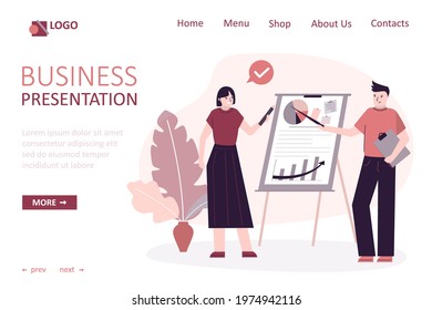 Office workers present new project or idea at conference. Employees on meeting present statistical report of company. Business presentation. Landing page template or homepage. Flat vector illustration