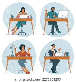 Office workers and professonals. Attractive young confident men women sitting at the office table.