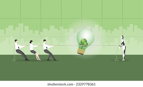 Office workers pull rope for a tree big lightbulb. AI ESG idea complete, Renewable green energy, Environmental policy, Net zero emission, Carbon footprint reduction, Sustainable, Eco-friendly.