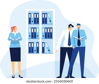 Office workers reading documents and consulting archives while a female colleague stands beside a filing cabinet, contributing to a collaborative and productive work environment