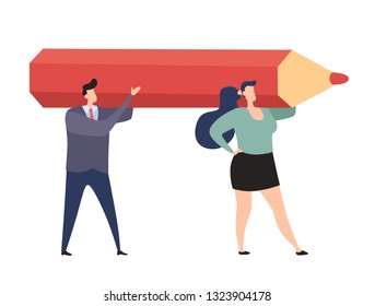 Office Workers Routine. People Carry a Red Pencil. Work Together. Teamwork Simple Design Modern Style Flat Vector Illustration.