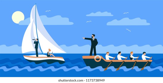 office workers rowing oars on a boat and their boss points the way. teamwork. Management and team leadership. The proper organization of work