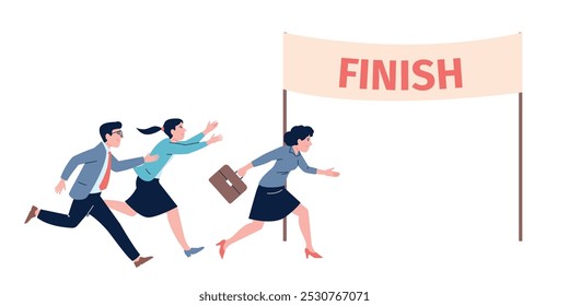 Office workers run to finish. Business competition, female male employees compete for leadership and promotion. Job opportunity, vector scene