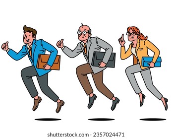 Trabajadores de oficina corriendo en poses graciosas. Clipart vector de gente de negocios.