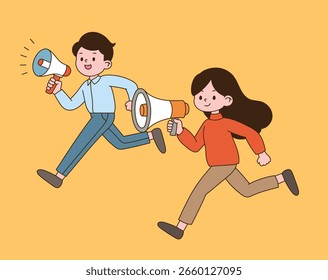 Trabajadores de oficina corriendo con una mano sosteniendo un altavoz y gritando. Diseño de ilustración de línea mínima.