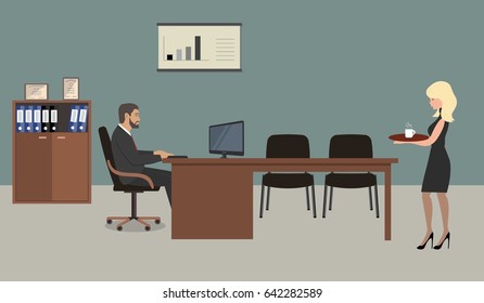 Office workers. A scene from office life: the secretary brought coffee to the chief. There is a brown furniture, black chairs, a cabinet for documents in the picture. Vector flat illustration