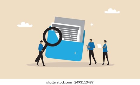 Office workers searching for documents in digital paperwork with a magnifying glass and folder, depicting a business work concept. Document, content or research paper,documentation file folder storage