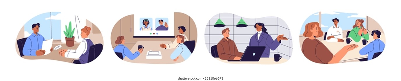 Office workers set. Colleague teams communicate at meeting. Daily business routine of employees: job interview, video conference, work at laptop. Flat isolated vector illustrations on white background