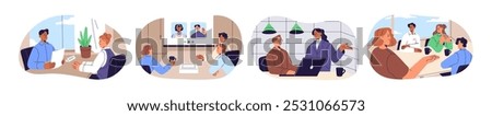 Office workers set. Colleague teams communicate at meeting. Daily business routine of employees: job interview, video conference, work at laptop. Flat isolated vector illustrations on white background