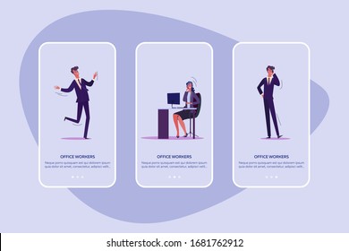 Office workers set. Managers working in office, talking on cellphone, presenting report. Flat vector illustrations. Employee, business project concept for banner, website design or landing web page