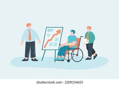 Office Workers Showing Presentation Or Chart Man On Wheelchair. Employee With Physical Disability Flat Vector Illustration. Disability, Accessibility, Business Concept For Banner Or Landing Web Page