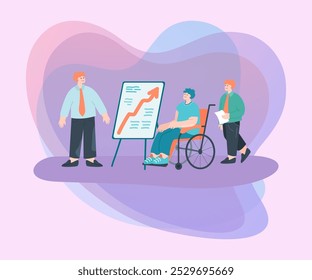 Trabalhadores de escritório mostrando apresentação ou homem gráfico em cadeira de rodas. Ilustração do vetor plano do funcionário com deficiência física. Deficiência, acessibilidade, conceito de negócios para banner ou página inicial da Web