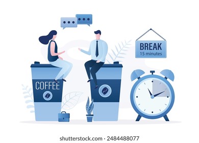 Office workers sit on large mugs of coffee and talk. Alarm clock and placard - break, colleagues are discussing work. Pause in work process, rest, recharge. Office workflow, coffee break. Flat vector