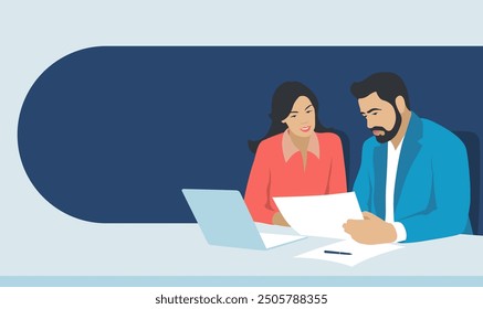 Office workers sit at the table and talk about work. Banner. Flat design. Vector illustration