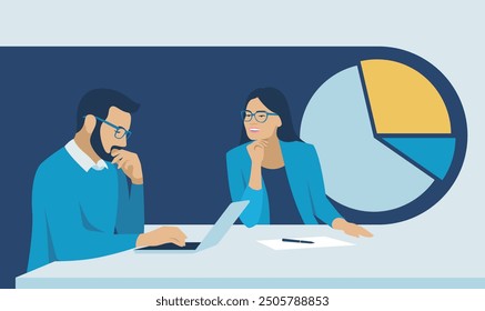 Office workers sit at the table and talk about work. Banner. Flat design. Vector illustration