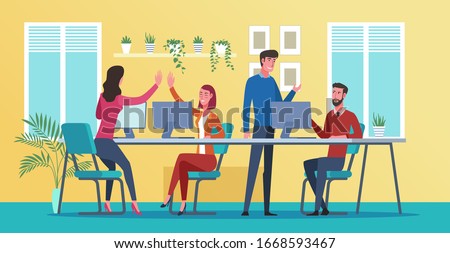 Office workers sitting at desk and communicating or talking to each other. Happy workers having conversation at workplace. Flat cartoon characters illustration