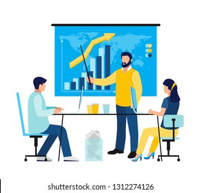 Office workers are sitting at the desk, looking into the compute. 
Analytics of company information, studying. 
Flat style illustration for social networking, chat, news, messages, web site. Vector