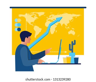 Office workers are sitting at the desk, looking into the computer. 
Analytics of company information, studying. 
Flat style illustration for social networking, messages, mobile web graphics. Vector