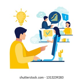 Office workers are sitting at the desk, looking into the computer. 
Analytics of company information, studying. 
Flat style illustration for social networking, messages, mobile web graphics. Vector