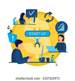 Office workers are sitting at the desk, looking into the computer. 
Analytics of company information, studying. 
Flat style illustration for social networking. Vector illustration
