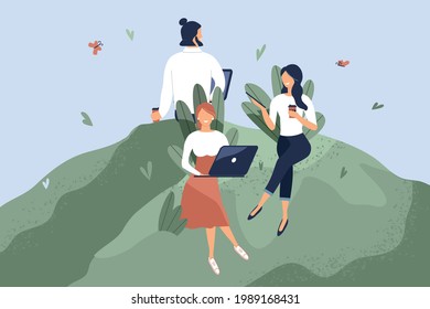 Office workers sitting on green lawn. Concept of good comfortable environment at work, favorable psychological climate,high pay and freedom of creativity for employees. Vector flat illustration