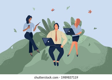 Office workers sitting on green lawn. Concept of good comfortable environment at work, favorable psychological climate,high pay and freedom of creativity for employees. Vector flat illustration