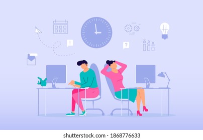 Office workers sitting on the office tables and working on computers in coworking center vector concept. Colleagues or clerks at workplace on violet background illustration