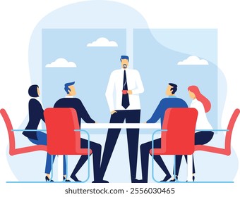 Office workers sitting at a table listening to their boss explaining something during a meeting in a modern office with windows, clouds and blue sky