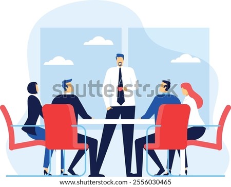 Office workers sitting at a table listening to their boss explaining something during a meeting in a modern office with windows, clouds and blue sky