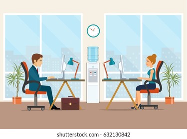 Office workers sitting at the table. Office workplace with table, bookcase, window. Flat vector illustration.