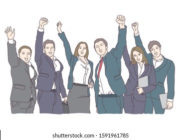 office workers smiling with their hands up. young businessmans. team work. fighting spirit. Hand drawing.