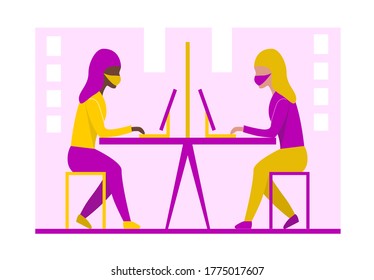 Office workers social distancing, separated by screen, wearing medical face masks, flat vector illustration