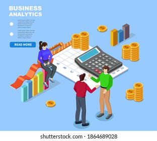 Office workers solve everyday tasks and are engaged in analytical work. Vector isometric illustration for your business projects and presentations.