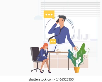 Office workers speaking on mobile phones. Man and woman with speech bubble at workplace. Communication concept. Vector illustration can be used for topics like phone negotiation dialogue