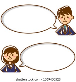 Office workers and speech bubble. Male and female office workers in suits. Vector illustration.