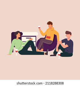 Trabajadores de oficina pasaban el almuerzo en la empresa del vestíbulo. beben café y bebidas energéticas. Reuniones y animaciones al aire libre y en el interior. Ilustraciones gráficas planas vectoriales.
