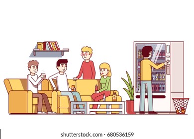 Office workers spending lunch time at corporate cafe or waiting room, drinking coffee and energy drinks from vending machine sitting on couch, socializing. Flat thin line vector isolated illustration.