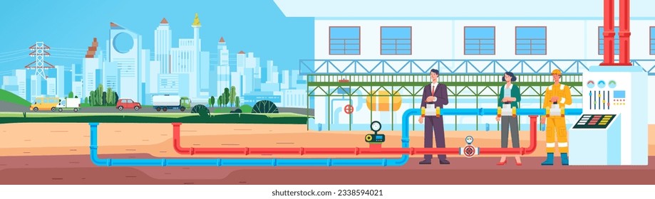 office workers and staff open levers to funnel energy through pipelines from energy plants to power cities