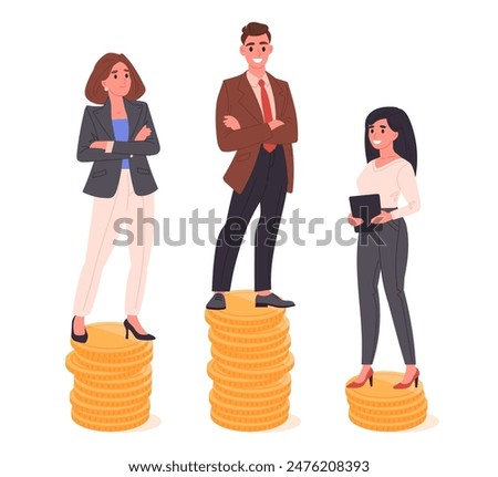 Office workers standing on dollar coins stacks. Income inequality, businessman and businesswoman wage inequality flat vector illustration set. Salary gap concept