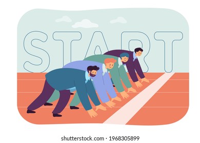 Office workers standing ready on start line isolated flat vector illustration. Cartoon employees competing in professional career race or sprint. Business competition and rivalry concept
